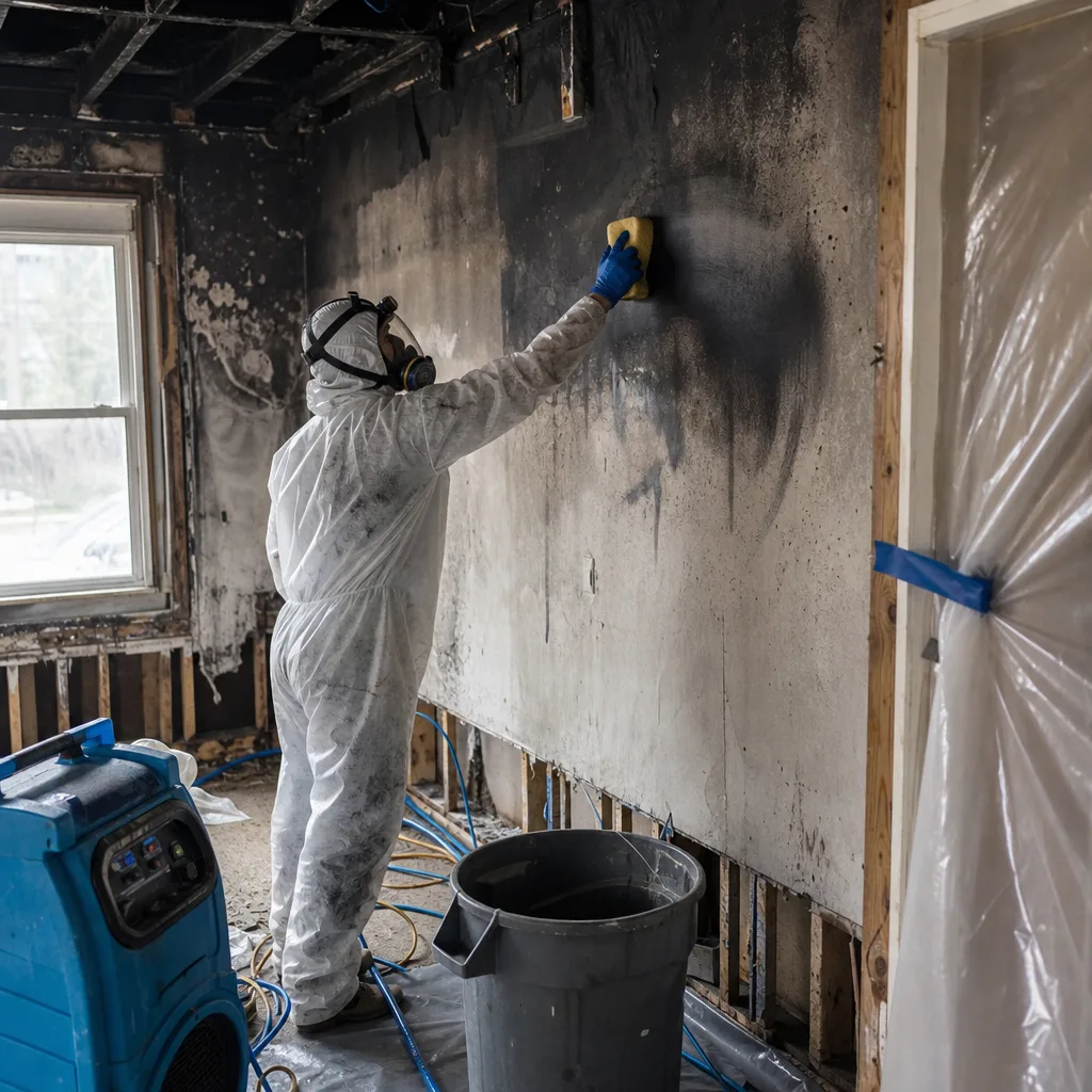 Technician in protective suit cleaning soot-damaged wall after fire damage.