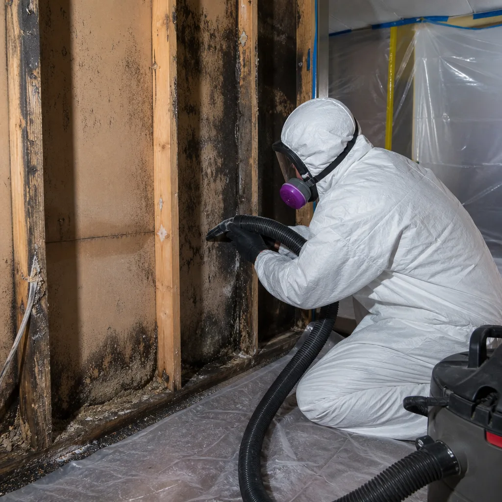 Technician in protective gear performing professional mold remediation on wall