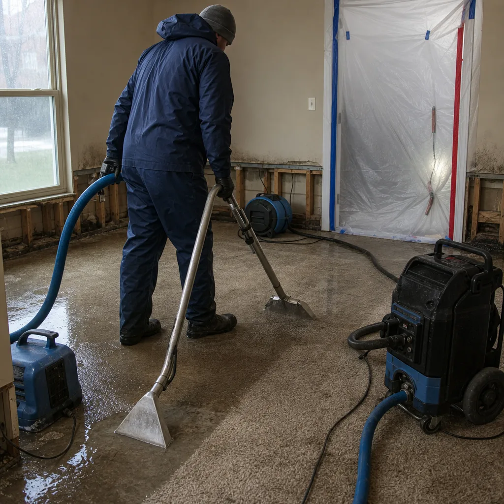 Technician using professional water extraction equipment on flooded flooring