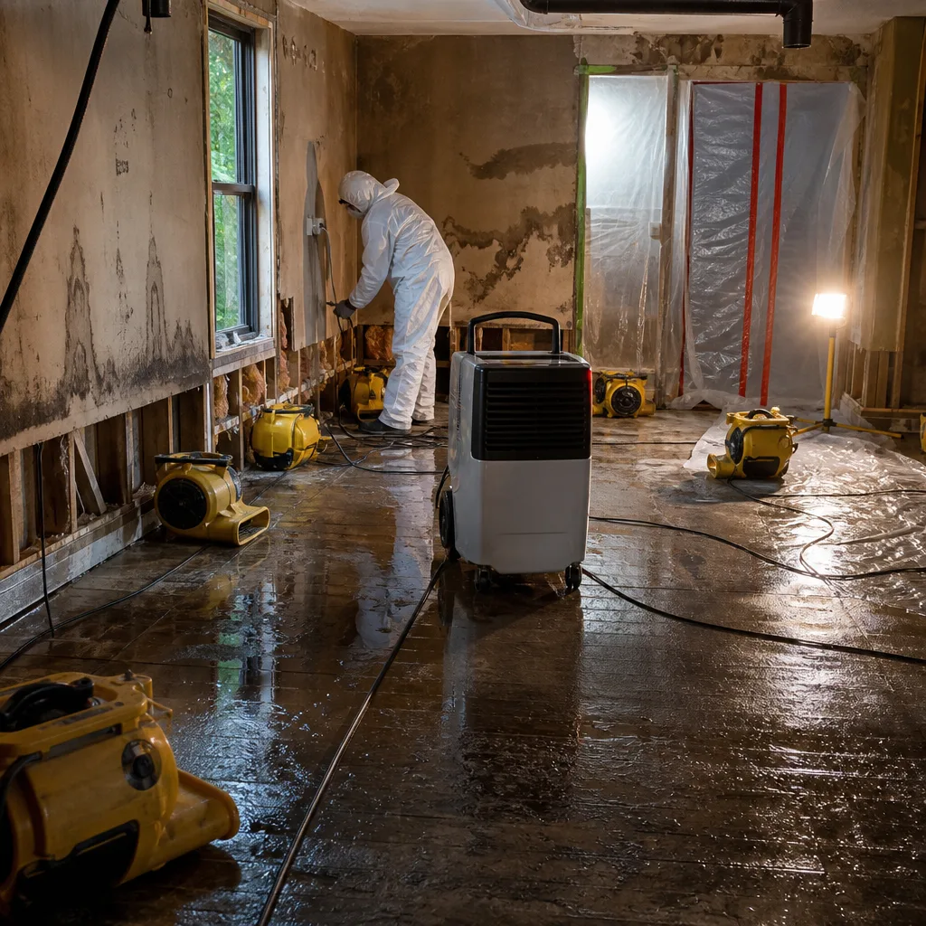 Professional water damage restoration service with industrial dehumidifiers and air movers