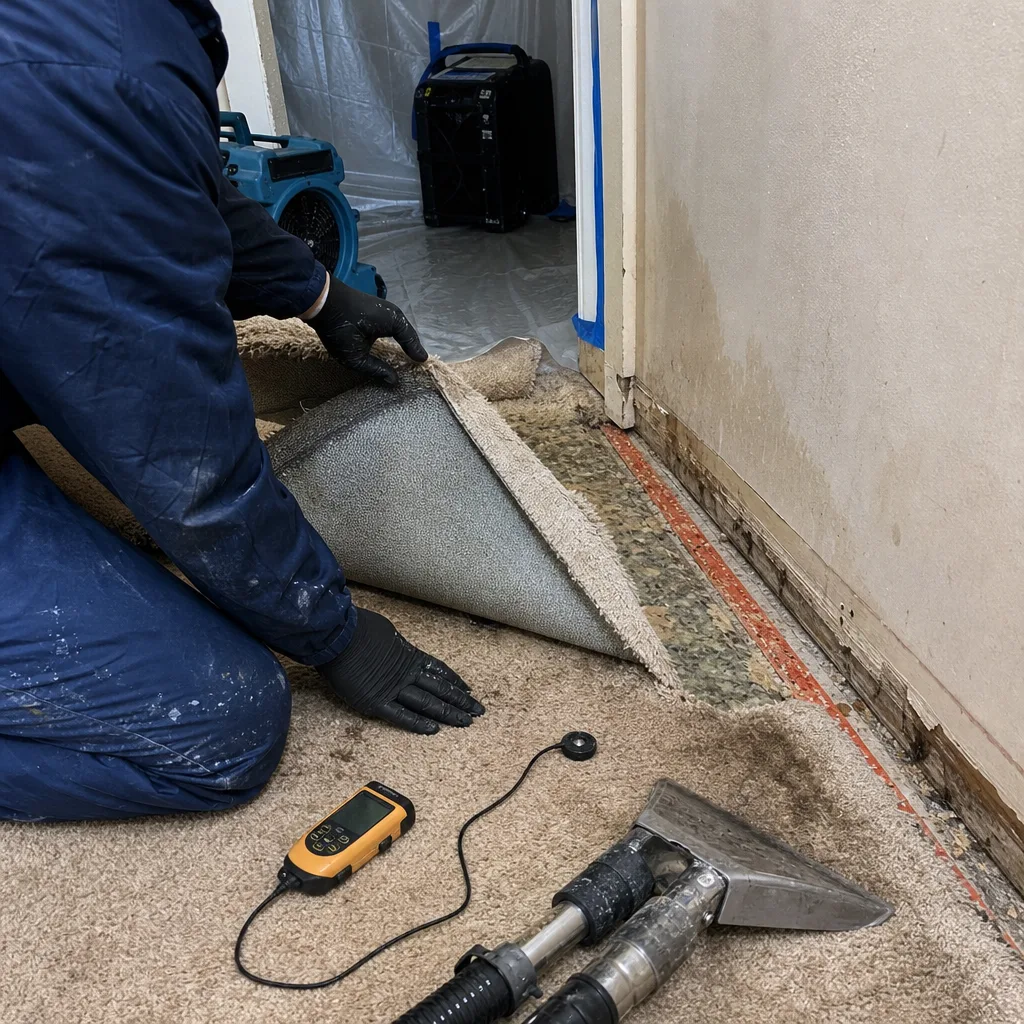 Water damage restoration professional inspecting wet carpet with moisture detection equipment.