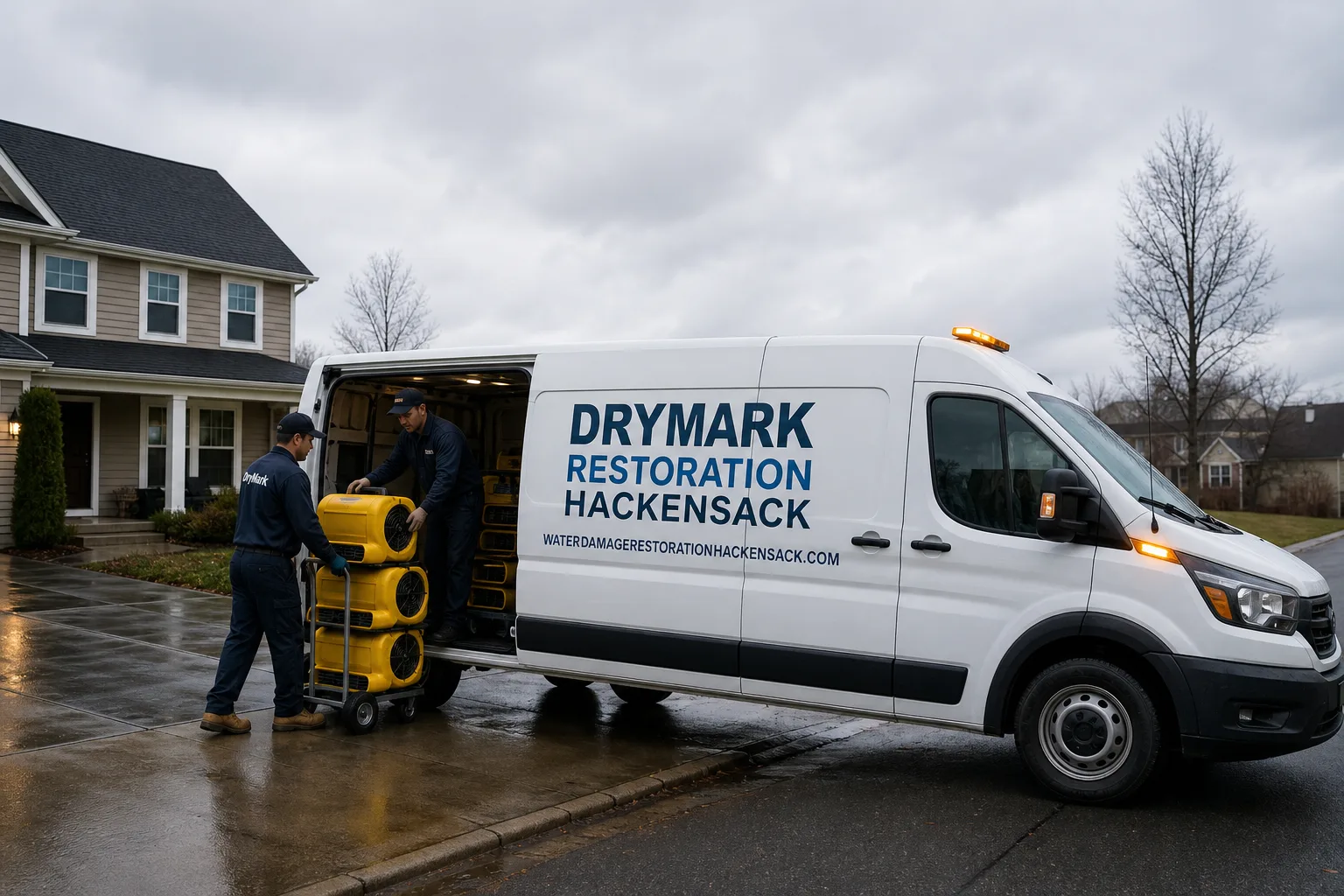 DryMark Restoration Hackensack damage restoration service vehicle and crew in Hackensack, NJ